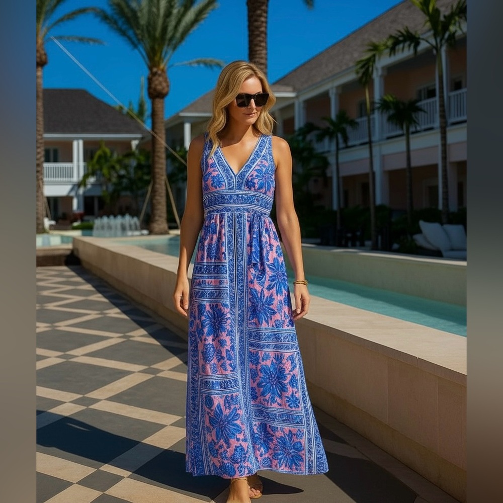 Lilly Pulitzer Taryn Melon Fig Maxi V Neck Floral Print Ginger Jar Dress